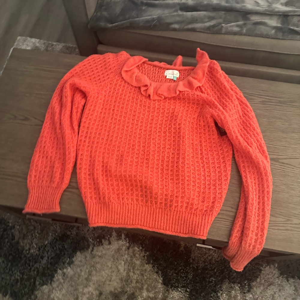 Anthropologie Coral Ruffle Neck Sweater